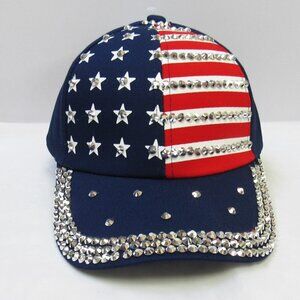 Patriotic Bling American Flag Rhinestone Crystal Sparkle Baseball Cap Hat Blue